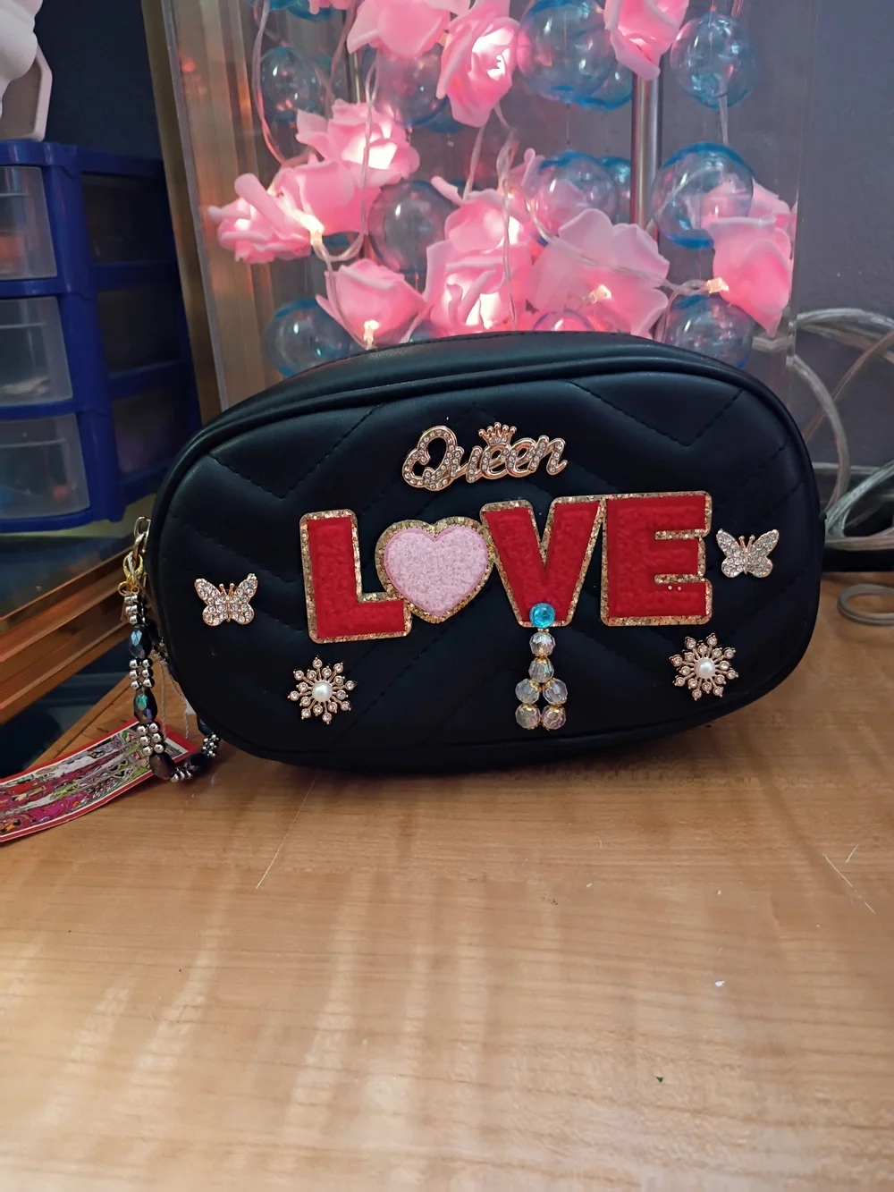 & Other Stories Black 'Queen LOVE' Embellished Cosmetic Pouch